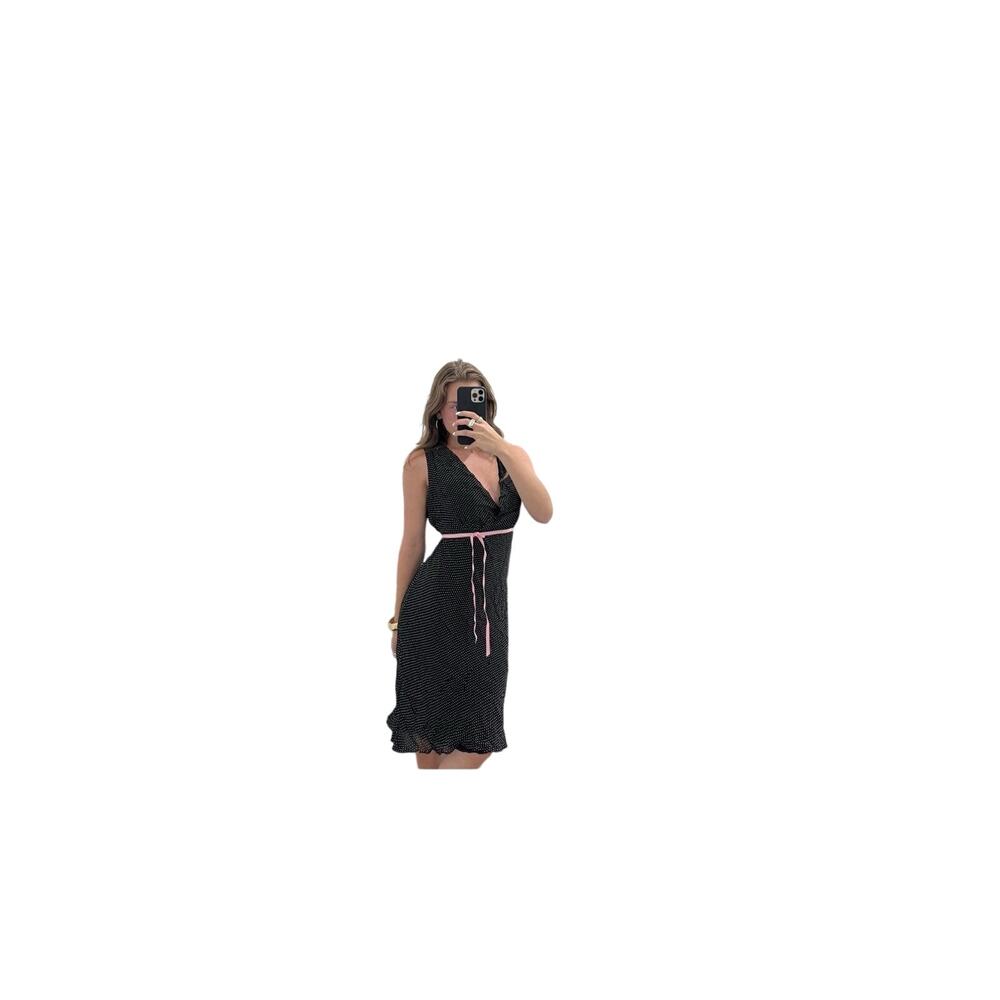 Y2K 90s Slip Dress Womens M Polka Dot Black Midi Flowy Baby Doll Dainty Ribbon - Picture 12 of 12